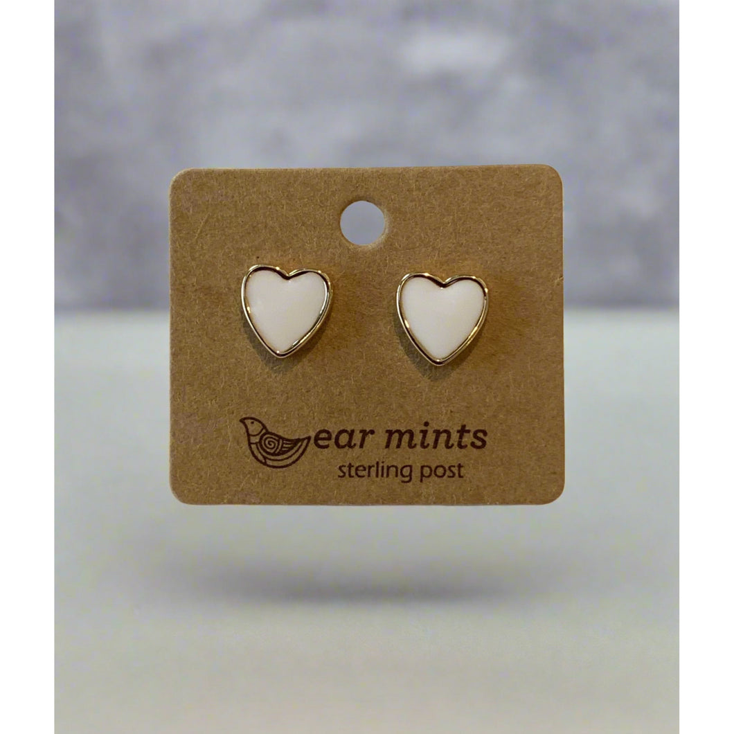 Enamel Heart White Earrings - Gold