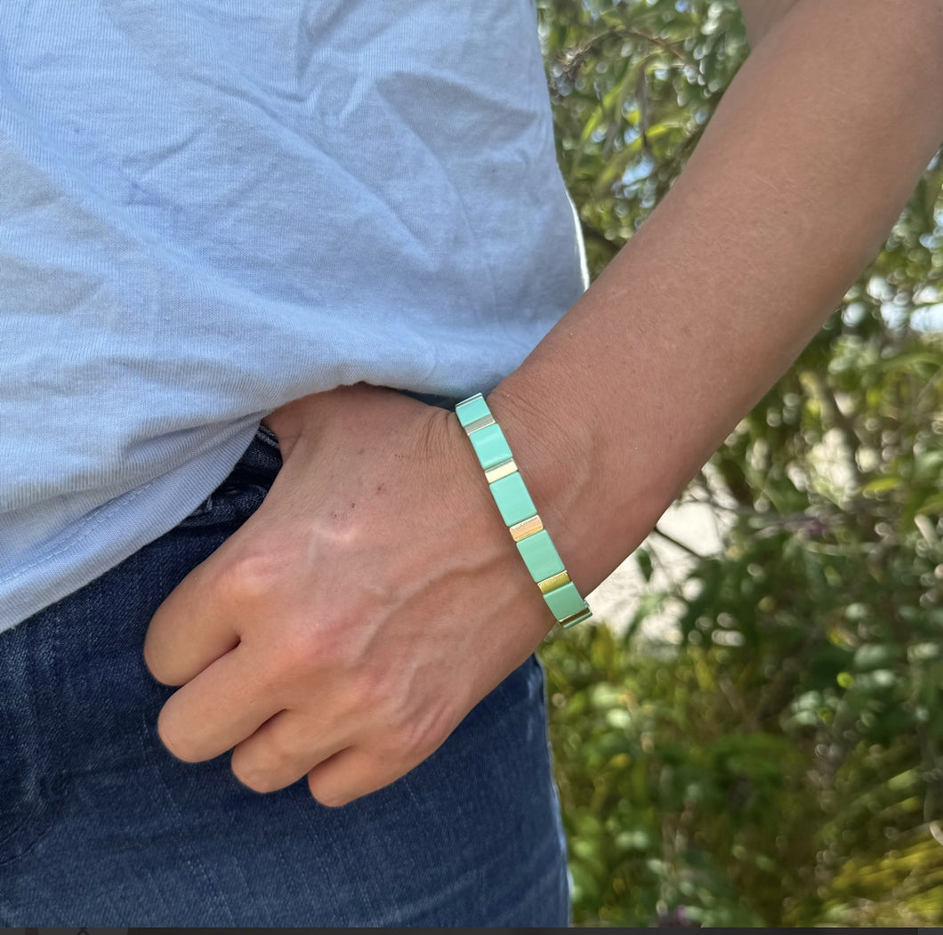 Gold Enamel Bracelet - Stripe Aqua