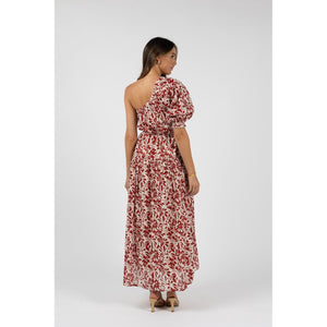Eden One-Shoulder Dress - Brick Print