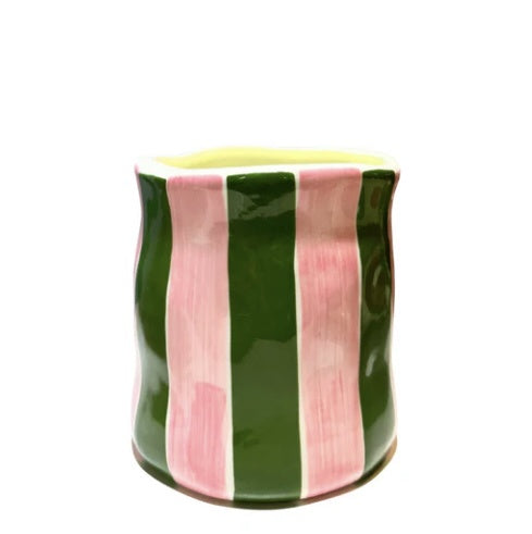 Orange Blossom. Dark Green & Pink Stripe - Medium Candle