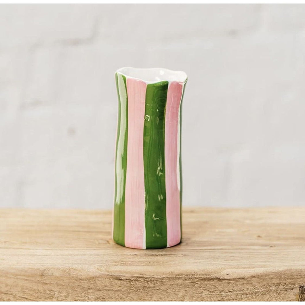 Dark Green & Pink Stripe Vase - Small