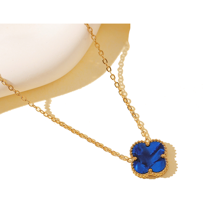 Gold Moroccan Clover Necklace - Deep Blue