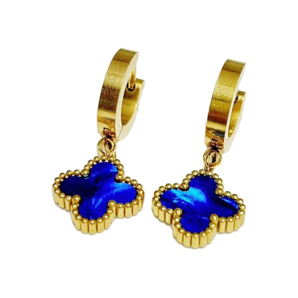 Gold Moroccan Clover Huggie - Deep Blue