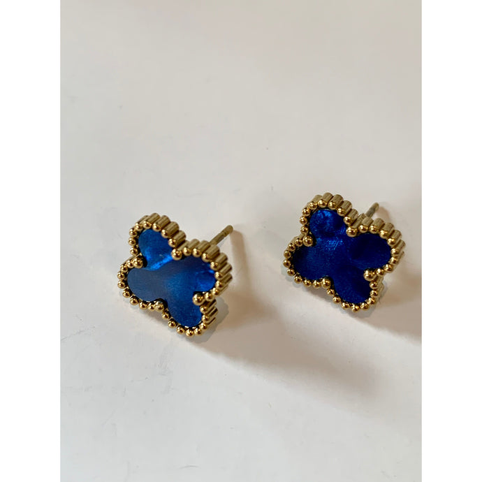 Gold Moroccan Clover Studs - Deep Blue