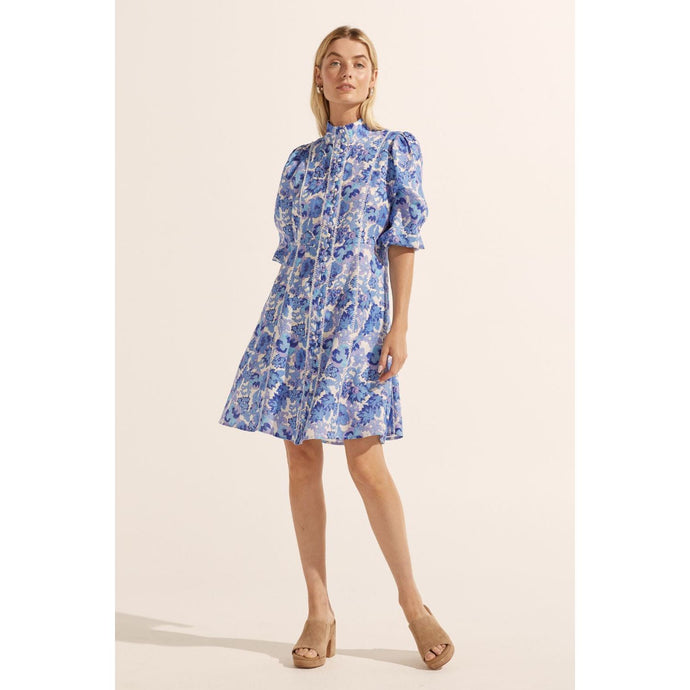 Floral summer dress in pacific blue, perfect for event wear, available at Little Miss Audrey.