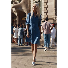 Load image into Gallery viewer, Summer linen dress in steel blue, perfect for casual wear, available at Little Miss Audrey.