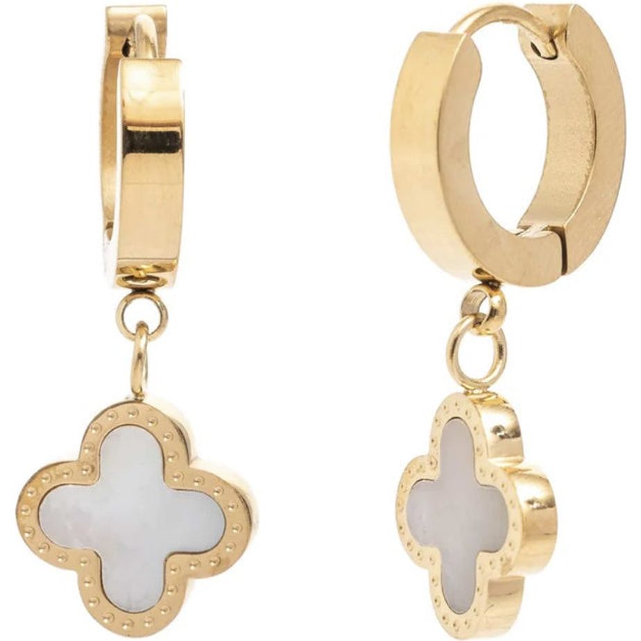 Gold Moroccan Clover Huggie - White