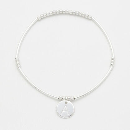 Silver Beaded Bracelet with Initial on Solid Disc