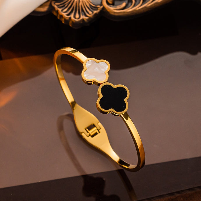 Stainless Steel Double Clover Bangle - Mother of Pearl/Black Enamel